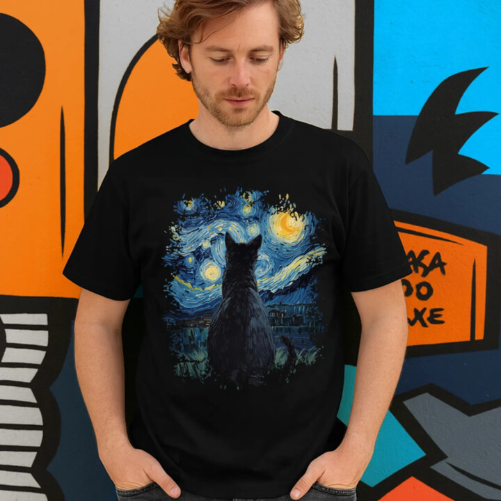 Kočka inšpirovaná Van Goghom - pánske tričko s potlačou