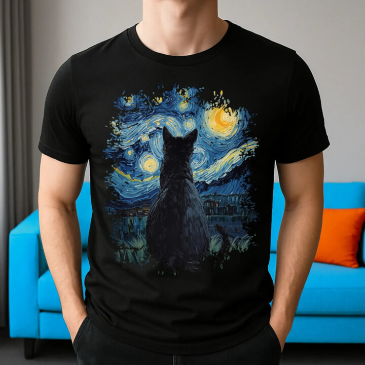Kočka inšpirovaná Van Goghom - pánske tričko s potlačou