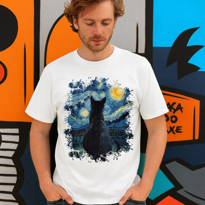Kočka inšpirovaná Van Goghom - pánske tričko s potlačou