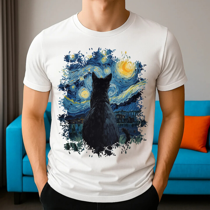 Kočka inšpirovaná Van Goghom - pánske tričko s potlačou