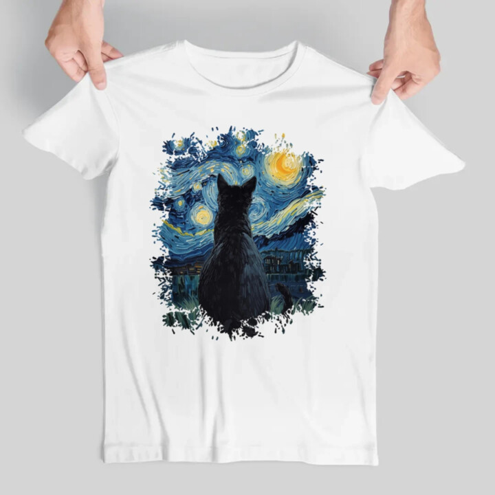 Kočka inšpirovaná Van Goghom - pánske tričko s potlačou