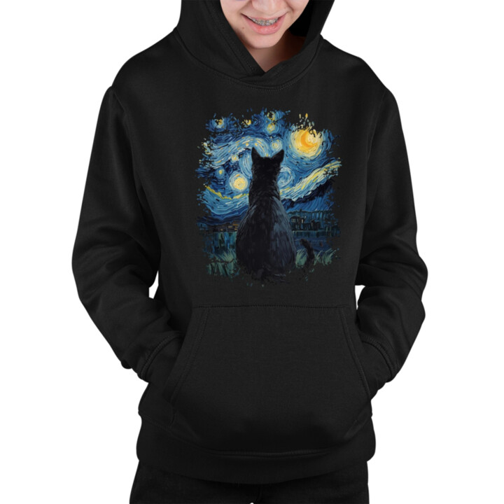 Kočka inšpirovaná Van Goghom - detská mikina s kapucňou