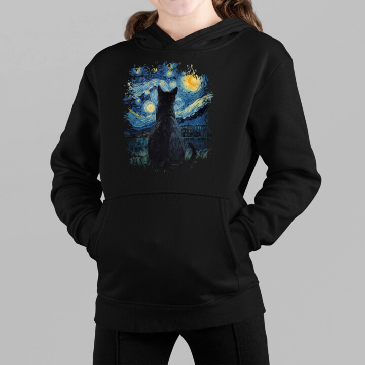 Kočka inšpirovaná Van Goghom - detská mikina s kapucňou