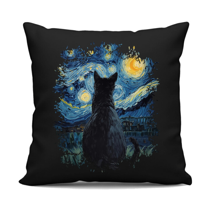 Kočka inšpirovaná Van Goghom - čierny vankúš s potlačou