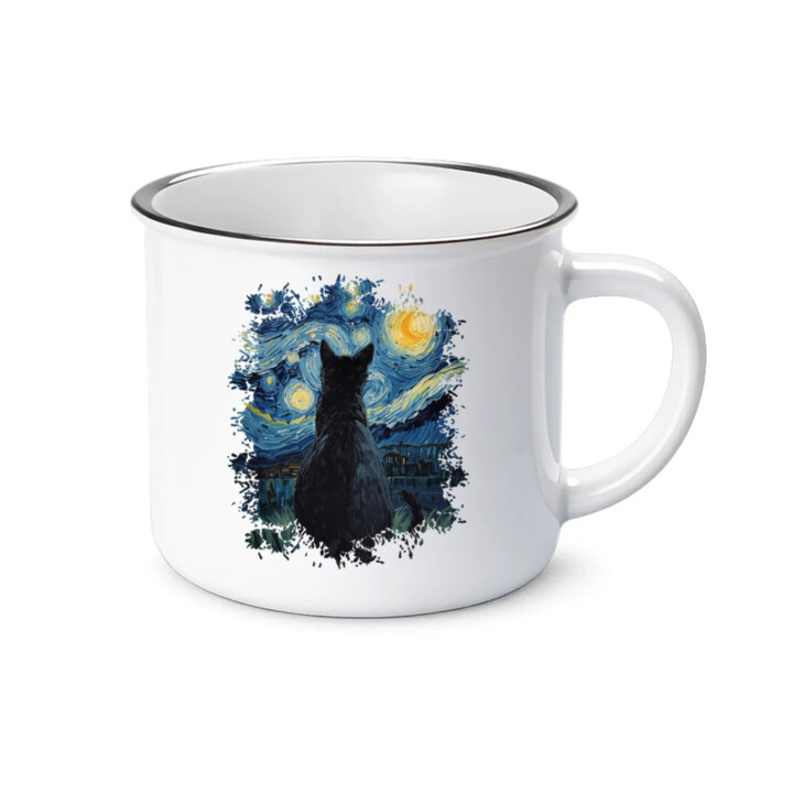 Kočka inšpirovaná Van Goghom  - smaltovaný hrnček s potlačou