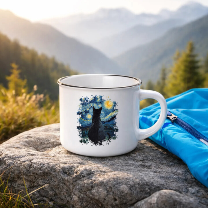 Kočka inšpirovaná Van Goghom  - smaltovaný hrnček s potlačou