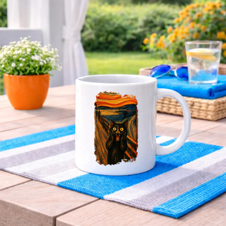 Mačka výkrik – inšpirovaná Van Goghom - keramický hrnček s potlačou