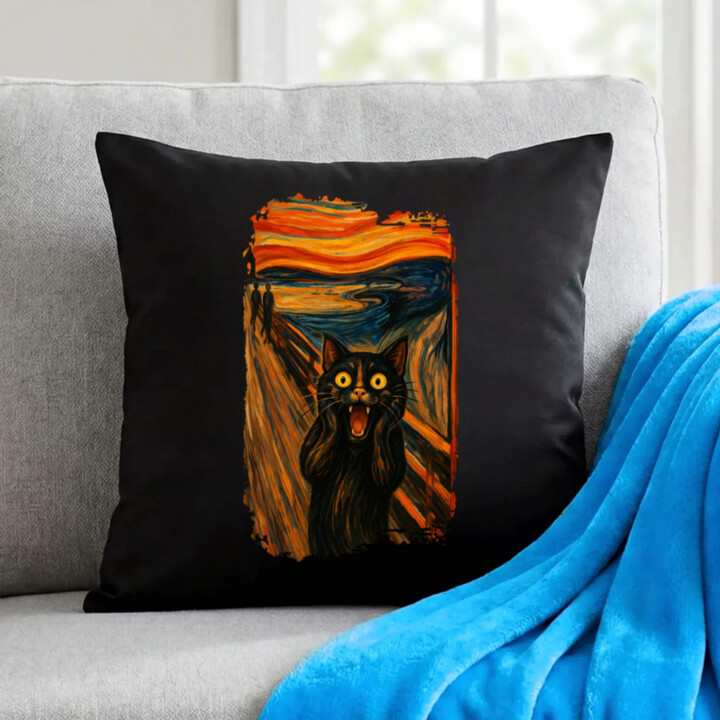 Mačka výkrik – inšpirovaná Van Goghom - čierny vankúš s potlačou