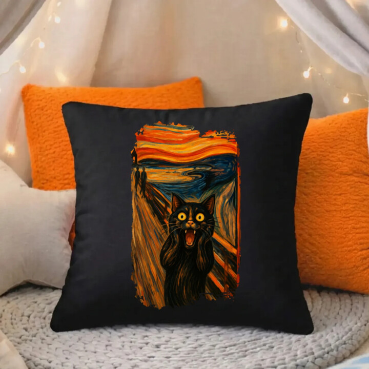 Mačka výkrik – inšpirovaná Van Goghom - čierny vankúš s potlačou