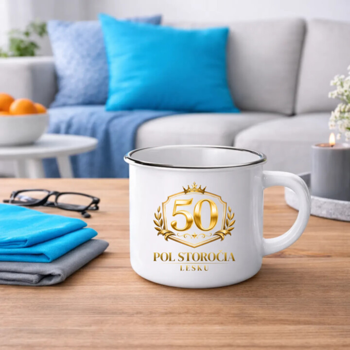 50 – pol storočia lesku  - smaltovaný hrnček s potlačou