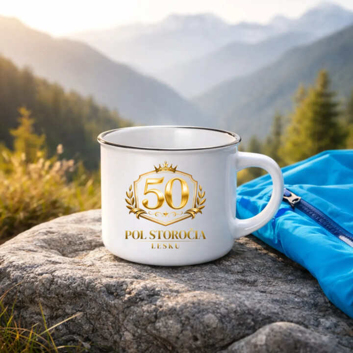 50 – pol storočia lesku  - smaltovaný hrnček s potlačou