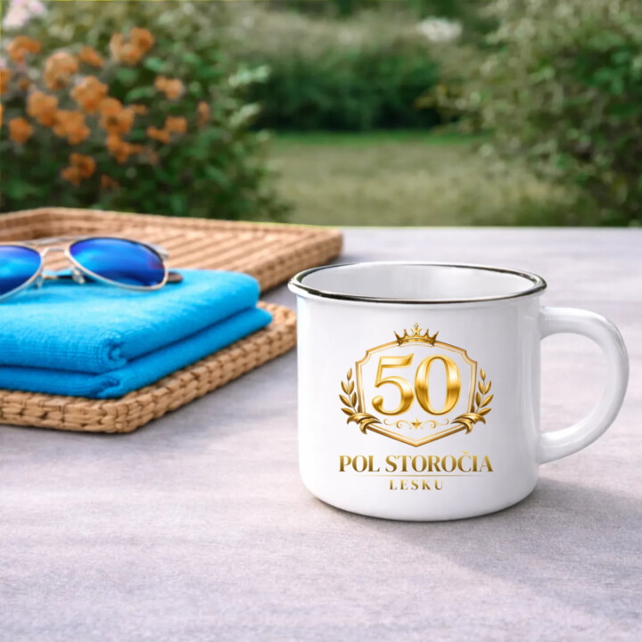 50 – pol storočia lesku  - smaltovaný hrnček s potlačou
