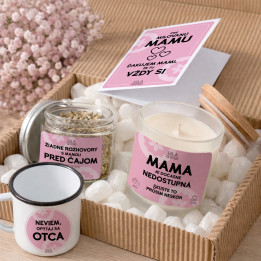Darčekový set pre mamu – mama je nedostupná – smaltovaný hrnček, čaj, sviečka a pohľadnica – Lulagogi