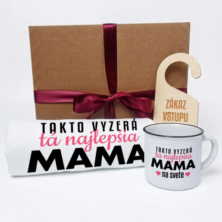 Darčeková sada pre mamu - mama odpočíva - uterák, hrnček a drevená záveska