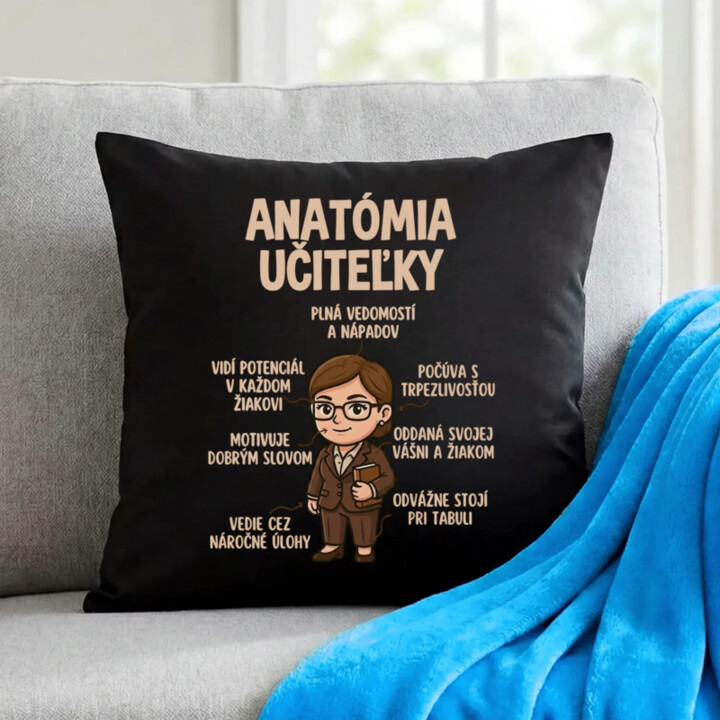 Anatómia učiteľky - čierny vankúš s potlačou