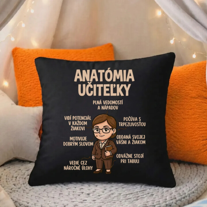 Anatómia učiteľky - čierny vankúš s potlačou