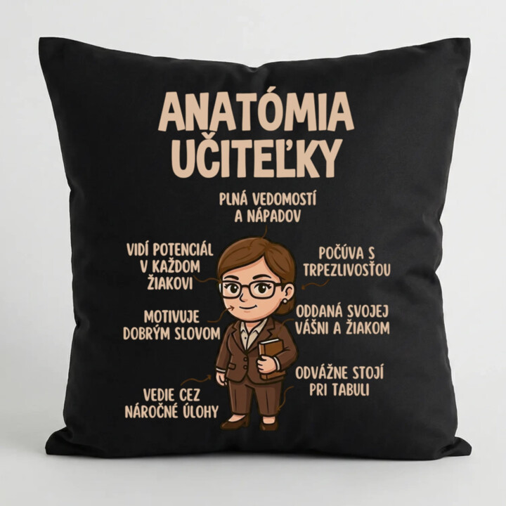 Anatómia učiteľky - čierny vankúš s potlačou
