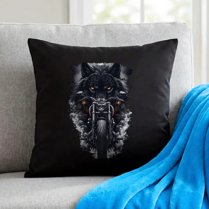 Motocykel s vlkom - čierny vankúš s potlačou