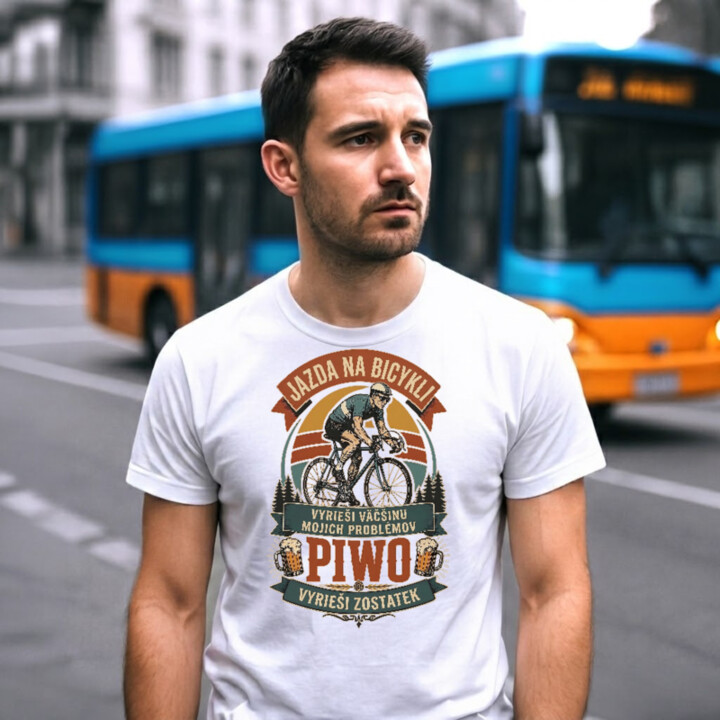 Jazda na bicykli vyrieši väčšinu mojich problémov, pivo vyrieši zostávajúce - pánske tričko s potlačou