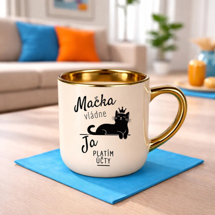 Mačka vládne, ja platím účty – Elegantný hrnček na darček