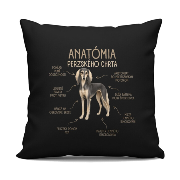 Anatómia perzského chrta - čierny vankúš s potlačou