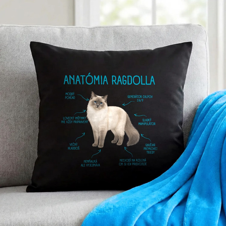Anatómia ragdolla - čierny vankúš s potlačou