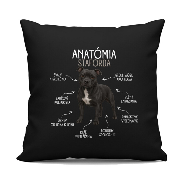 Anatómia staforda - čierny vankúš s potlačou