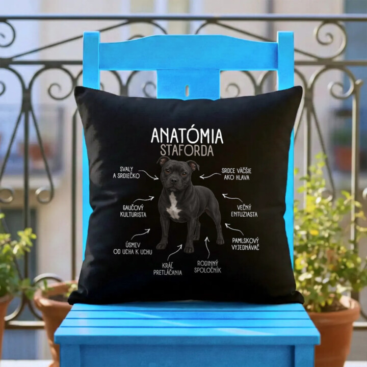 Anatómia staforda - čierny vankúš s potlačou