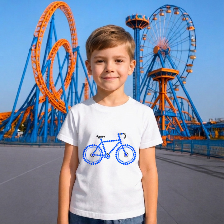 Modrý bicykel z bodiek - deň bodky - detské tričko s potlačou