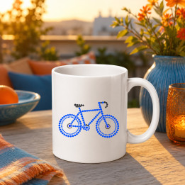 Modrý bicykel z bodiek - deň bodky - keramický hrnček s potlačou