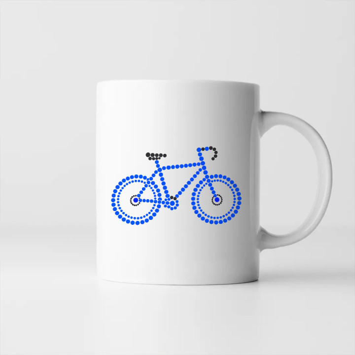 Modrý bicykel z bodiek - deň bodky - keramický hrnček s potlačou