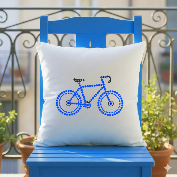 Modrý bicykel z bodiek - deň bodky - vankúš s potlačou