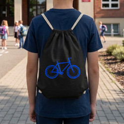Modrý bicykel z bodiek - deň bodky - vak na chrbát s potlačou