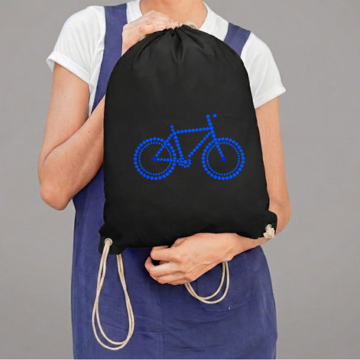 Modrý bicykel z bodiek - deň bodky - vak na chrbát s potlačou