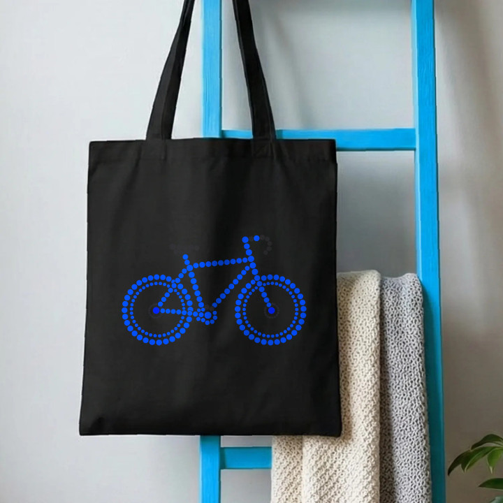 Modrý bicykel z bodiek - deň bodky - bavlnená taška s potlačou