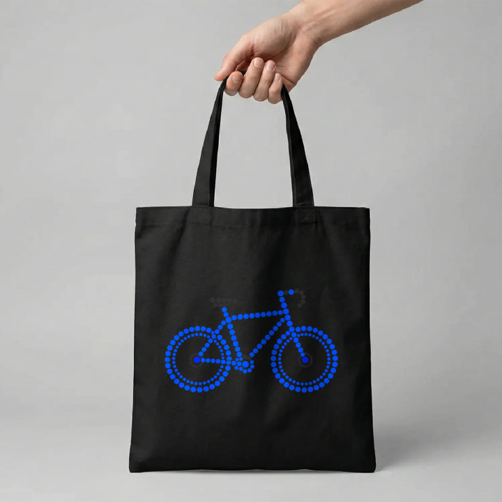 Modrý bicykel z bodiek - deň bodky - bavlnená taška s potlačou