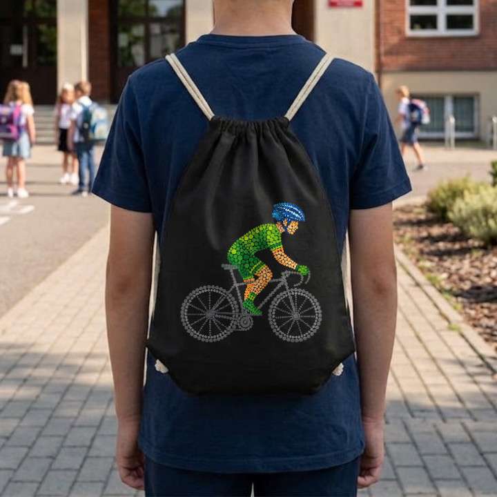 Cyklista z bodiek - deň bodky - vak na chrbát s potlačou