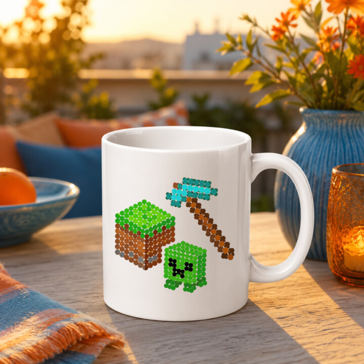 Kockový svet z bodiek - deň bodky - keramický hrnček s potlačou - inšpirované Minecraftom