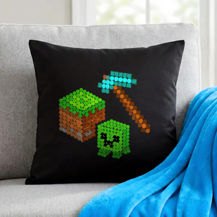 Kockový svet z bodiek - deň bodky - čierny vankúš s potlačou - inšpirované Minecraftom