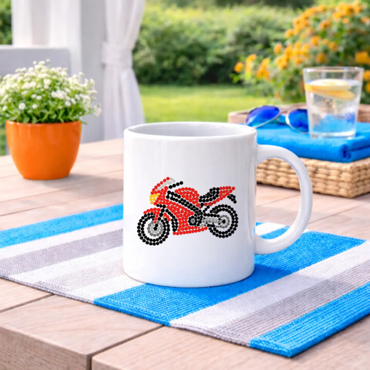 Motorka z bodiek - deň bodky - keramický hrnček s potlačou