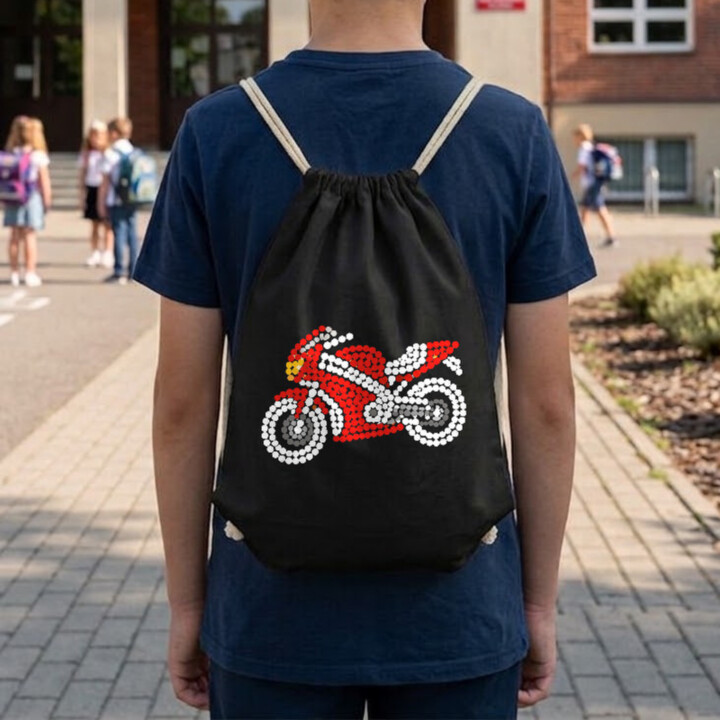 Motorka z bodiek - deň bodky - vak na chrbát s potlačou
