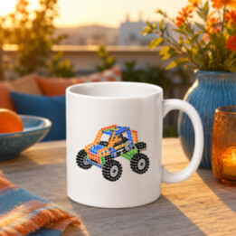 Auto zo stavebnice z bodiek - deň bodky - keramický hrnček s potlačou - inšpirované LEGO Technic