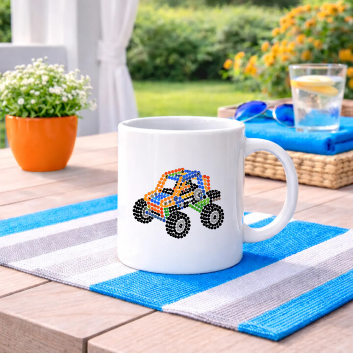Auto zo stavebnice z bodiek - deň bodky - keramický hrnček s potlačou - inšpirované LEGO Technic