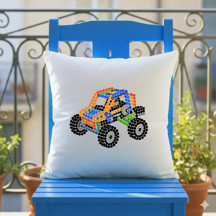 Auto zo stavebnice z bodiek - deň bodky - vankúš s potlačou - inšpirované LEGO Technic