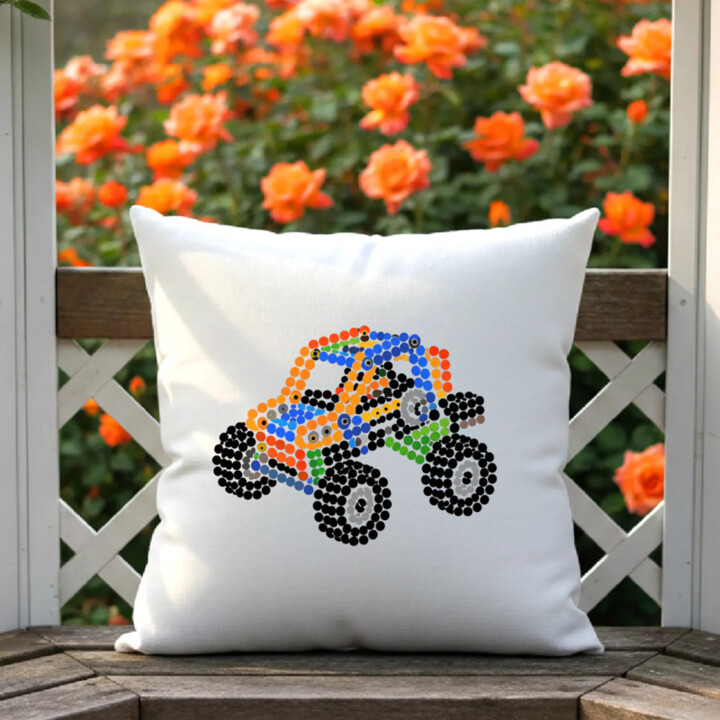 Auto zo stavebnice z bodiek - deň bodky - vankúš s potlačou - inšpirované LEGO Technic