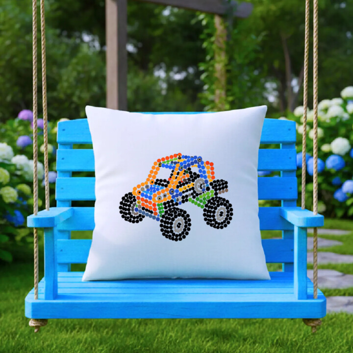 Auto zo stavebnice z bodiek - deň bodky - vankúš s potlačou - inšpirované LEGO Technic