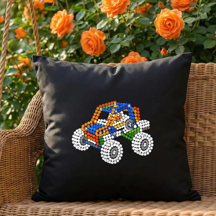 Auto zo stavebnice z bodiek - deň bodky - čierny vankúš s potlačou - inšpirované LEGO Technic