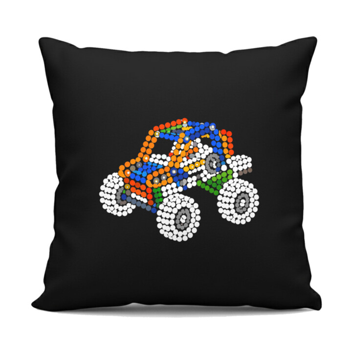 Auto zo stavebnice z bodiek - deň bodky - čierny vankúš s potlačou - inšpirované LEGO Technic