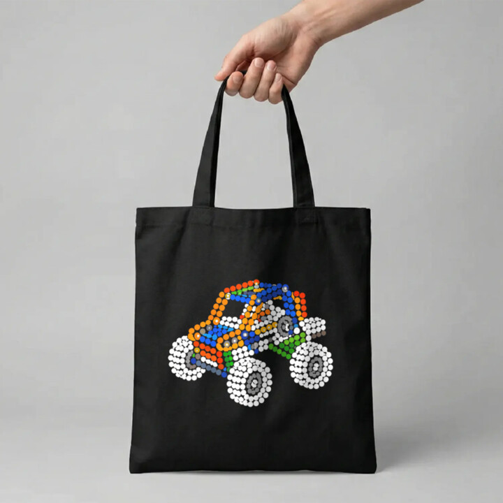 Auto zo stavebnice z bodiek - deň bodky - bavlnená taška s potlačou - inšpirované LEGO Technic