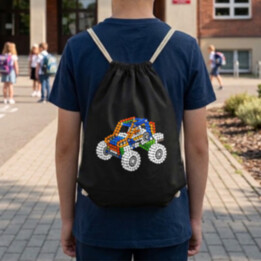 Auto zo stavebnice z bodiek - deň bodky - vak na chrbát s potlačou - inšpirované LEGO Technic